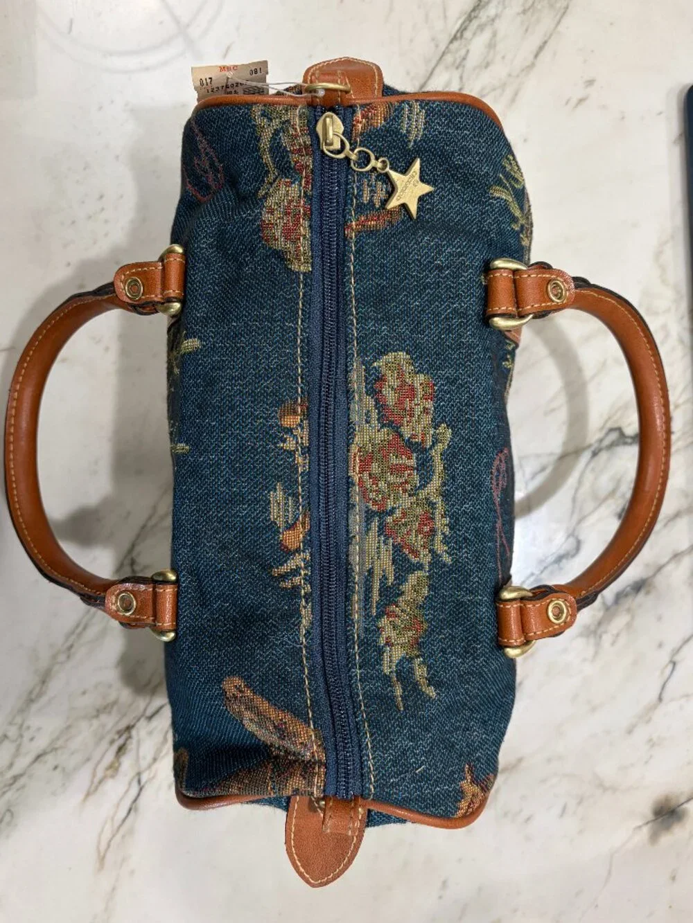 Denim and leather handbag with Southwestern Design